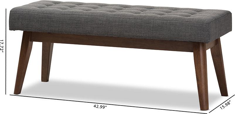 Wholesale Interiors Benches - Elia Mid-Century Modern Walnut Wood Dark Grey Fabric Button-Tufted Bench
