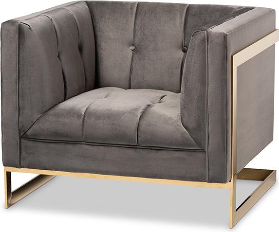Wholesale Interiors Accent Chairs - Ambra Glam and Luxe Grey Velvet and Button Tufted Armchair with Gold-Tone Frame