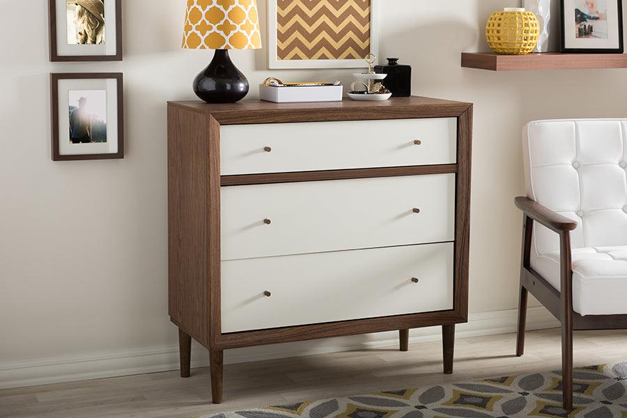 Wholesale Interiors Chest of Drawers - Harlow Mid-century Modern Scandinavian Style White and Walnut Wood 3-drawer Chest