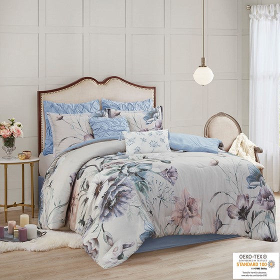 Olliix.com Comforters & Blankets - 8 Piece Cotton Printed Comforter Set Blue Queen