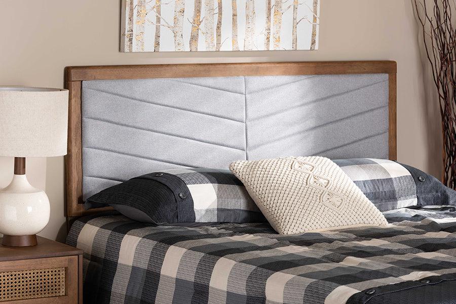 Wholesale Interiors Headboards - Iden Light Grey Fabric Upholstered and Walnut Brown Finished Wood Queen Size Headboard