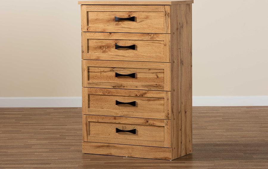 Wholesale Interiors Chest of Drawers - Colburn Oak Brown Finished Wood 5-Drawer Tallboy Storage Chest