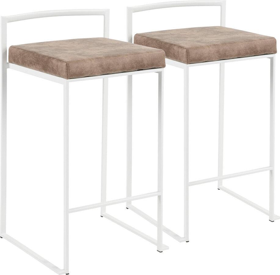Lumisource Barstools - Fuji Contemporary Stackable Counter Stool in White with Brown Cowboy Fabric Cushion - Set of 2