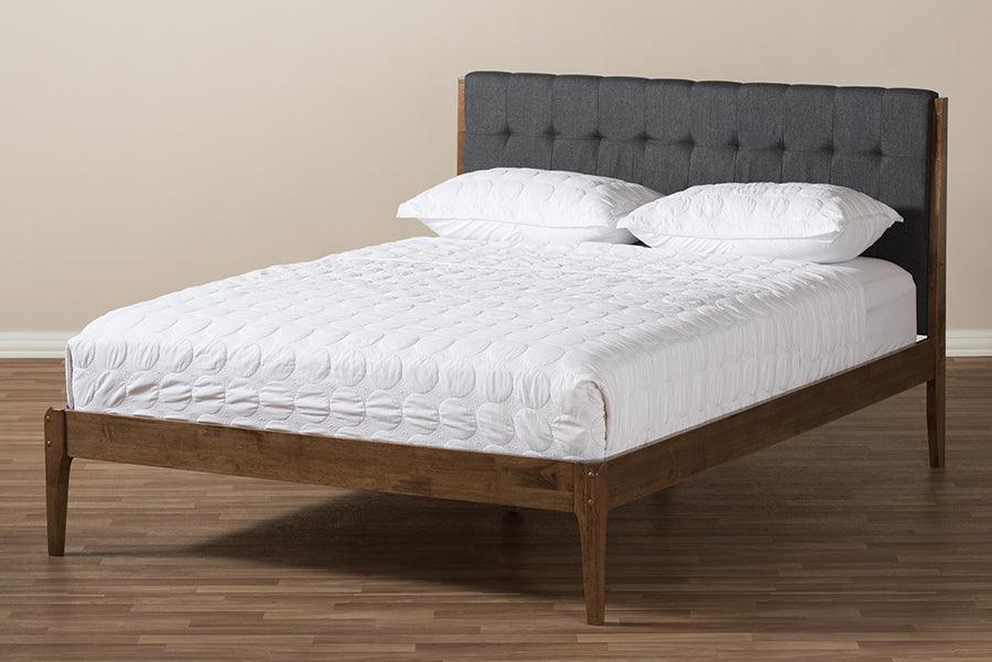 Wholesale Interiors Beds - Clifford Mid-Century Dark Grey Fabric and Medium Brown Finish Wood King Size Platform Bed