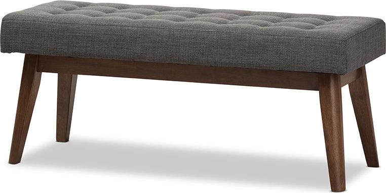 Wholesale Interiors Benches - Elia Mid-Century Modern Walnut Wood Dark Grey Fabric Button-Tufted Bench