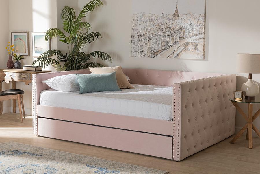 Wholesale Interiors Daybeds - Larkin Pink Velvet Fabric Upholstered Full Size Daybed with Trundle