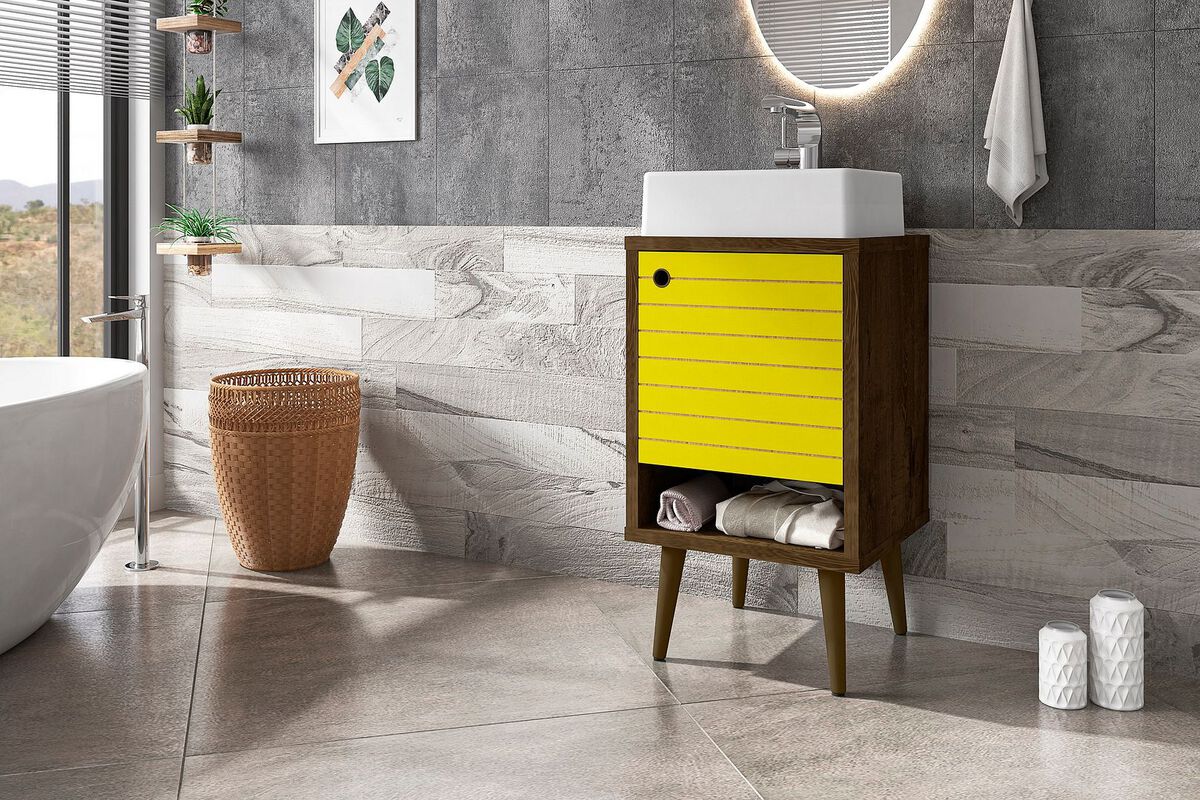 Manhattan Comfort Bathroom Vanity - Liberty 17.71 Bathroom Vanity with Sink and Shelf in Rustic Brown and Yellow