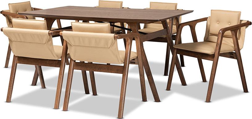 Wholesale Interiors Dining Sets - Marcena Mid-Century Modern Beige Imitation and Brown Finished Wood 7-Piece Dining Set
