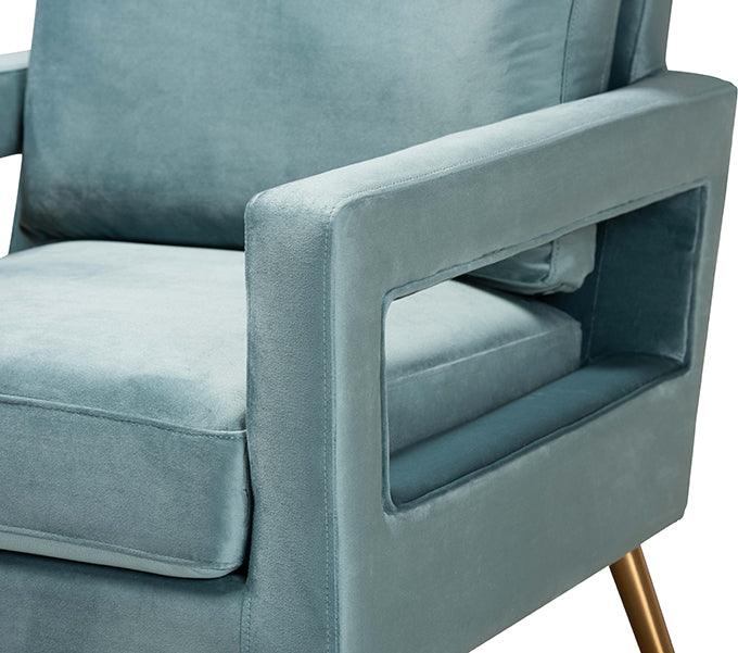 Wholesale Interiors Accent Chairs - Leland Glam and Luxe Light Blue Velvet Fabric Upholstered and Gold Finished Armchair