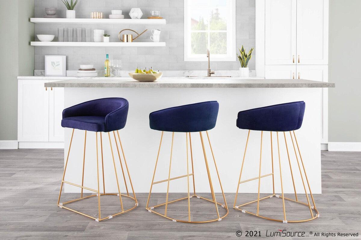 Lumisource Barstools - Canary Contemporary Counter Stool in Gold with Blue Velvet - Set of 2