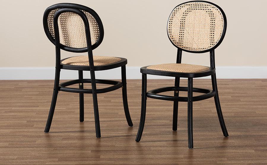 Wholesale Interiors Dining Chairs - Garold Mid-Century Modern Brown Rattan and Black Wood 2-Piece Cane Dining Chair Set