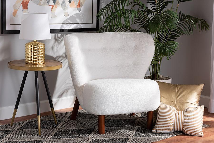 Wholesale Interiors Accent Chairs - Cabrera Modern and Contemporary White Boucle and Walnut Brown Wood Accent Chair