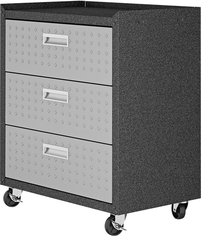 Manhattan Comfort Buffets & Cabinets - Fortress Textured Metal 31.5" Garage Mobile Chest with 3 Full Extension Drawers in Gray