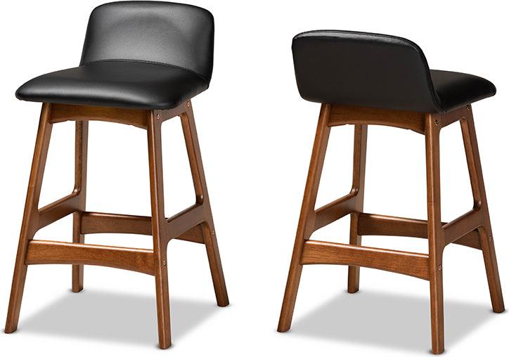 Wholesale Interiors Barstools - Darrin Mid-Century Modern Black Faux Leather and Brown Wood 2-Piece Counter Stool Set