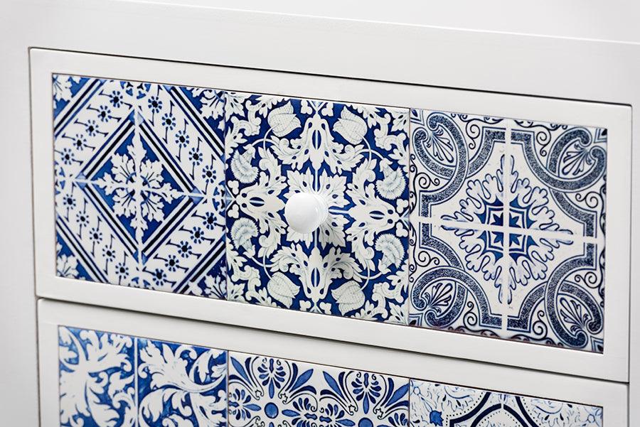 Wholesale Interiors Buffets & Cabinets - Alma Spanish Inspired White Wood and Blue Floral Tile Style 5-Drawer Accent Storage Cabinet