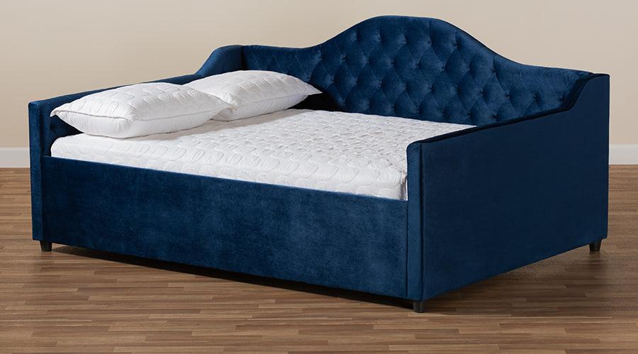 Wholesale Interiors Daybeds - Perry Royal Blue Velvet Fabric Upholstered And Button Tufted Queen Size Daybed