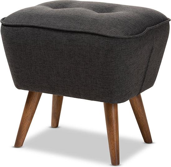 Wholesale Interiors Ottomans & Stools - Petronelle Mid-Century Modern Dark Grey Fabric Walnut Brown Wood Ottoman