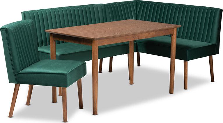 Wholesale Interiors Dining Sets - Alvis Emerald Green Velvet Upholstered and Walnut Brown Finished Wood 4-Piece Dining Nook Set