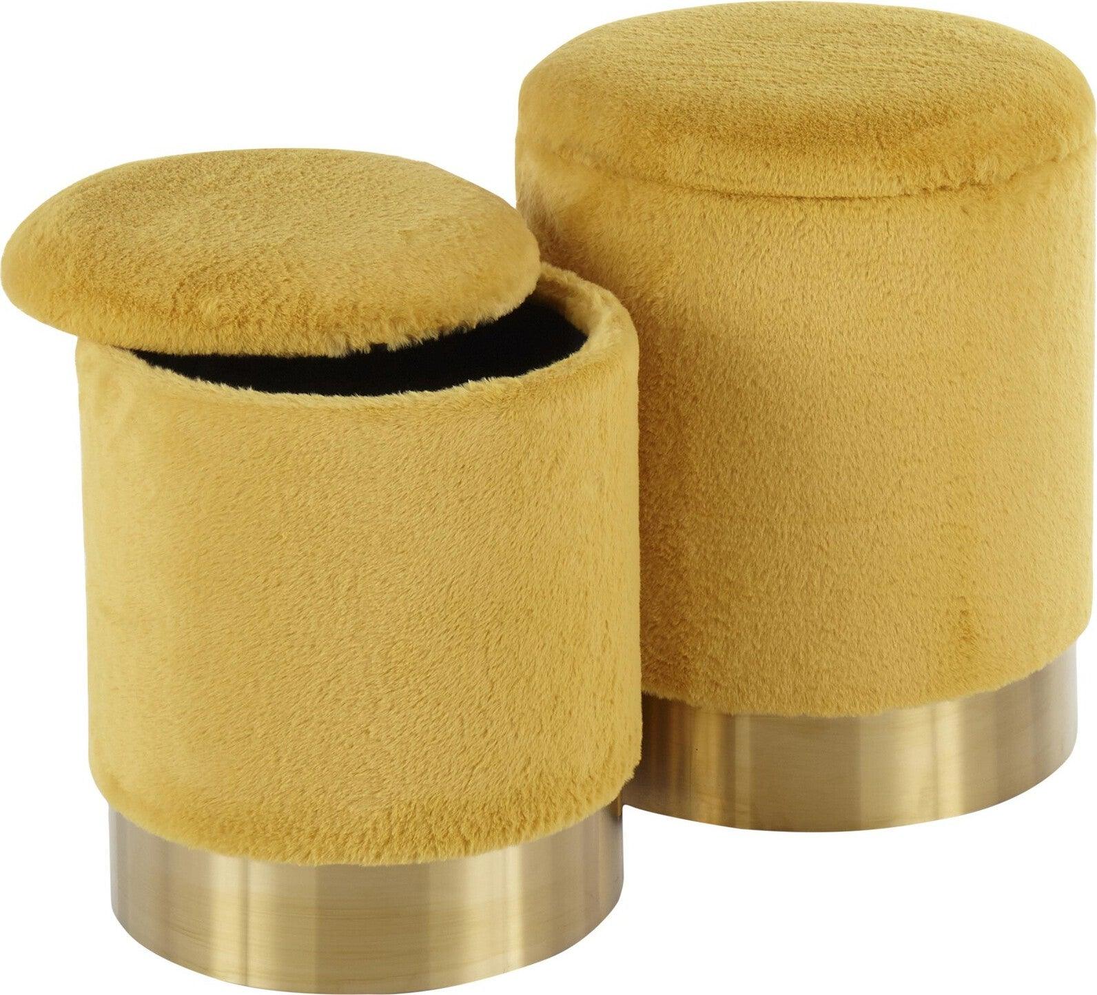 Lumisource Ottomans & Stools - Marla Contemporary Nesting Ottoman Set Gold Metal & Yellow Plush Fabric