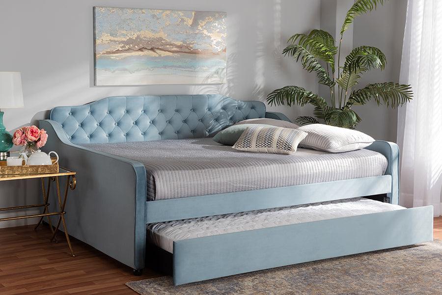 Wholesale Interiors Daybeds - Freda Contemporary Blue Velvet and Button Tufted Queen Size Daybed with Trundle