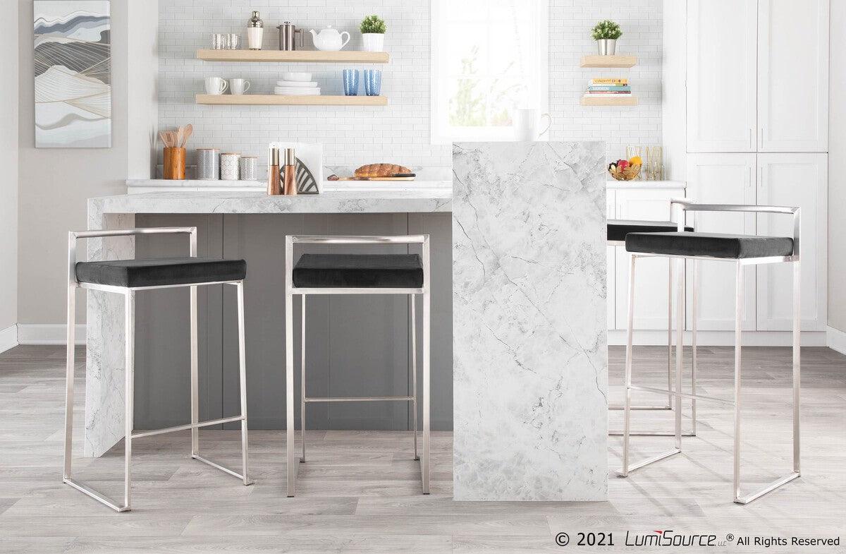 Lumisource Barstools - Fuji Contemporary Stackable Counter Stool in Stainless Steel with Black Velvet Cushion - Set of 2