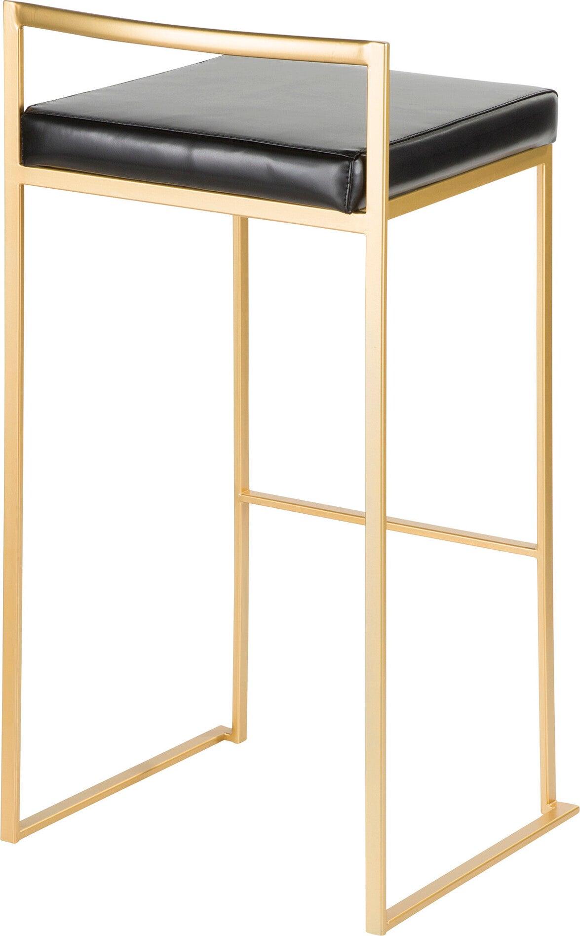 Lumisource Barstools - Fuji Contemporary-Glam Barstool in Gold with Black Faux Leather (Set of 2)