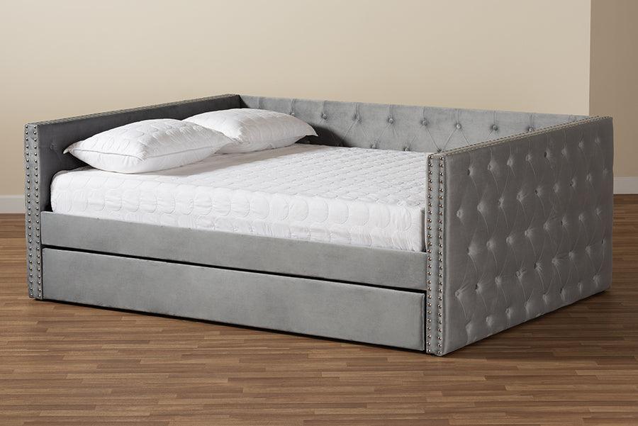 Wholesale Interiors Daybeds - Larkin Grey Velvet Fabric Upholstered Queen Size Daybed with Trundle