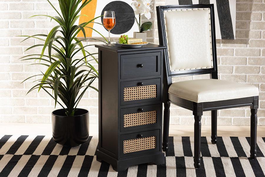 Wholesale Interiors Cabinets & Wardrobes - Dacey Mid-Century Modern Espresso Brown Wood and Rattan 4-Drawer Storage Cabinet