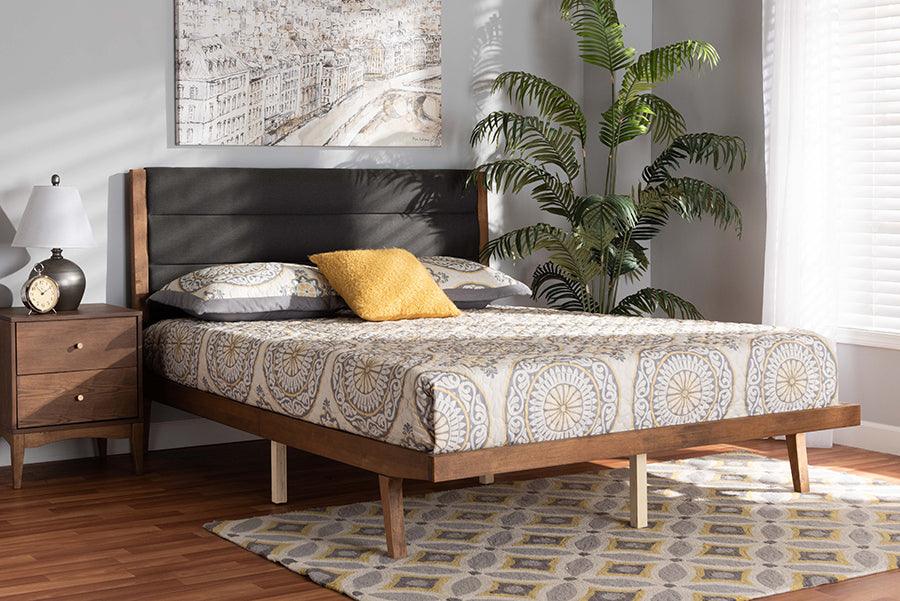 Wholesale Interiors Beds - Jarlan Modern Charcoal Fabric and Brown Wood Queen Size Platform Bed