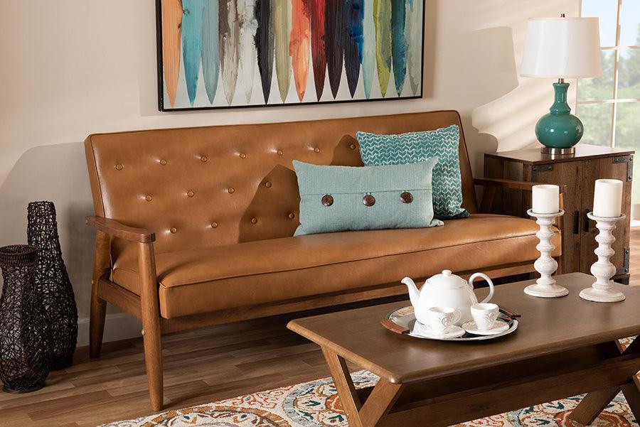 Wholesale Interiors Sofas & Couches - Sorrento Tan Faux Leather Upholstered and Walnut Brown Finished Wood Sofa
