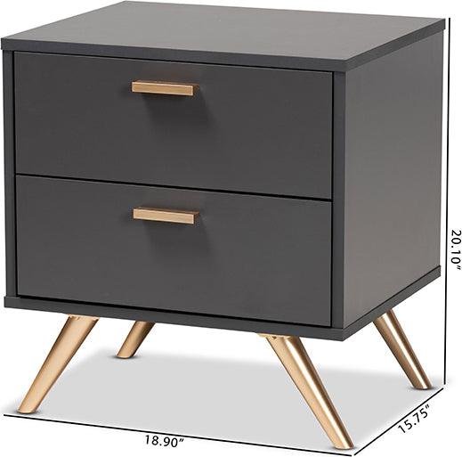 Wholesale Interiors Nightstands & Side Tables - Kelson Dark Grey and Gold Finished Wood 2-Drawer Nightstand