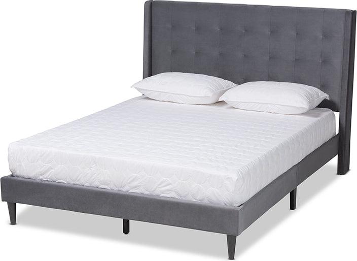 Wholesale Interiors Beds - Gothard Grey Velvet Fabric Upholstered and Dark Brown Finished Wood Queen Size Platform Bed