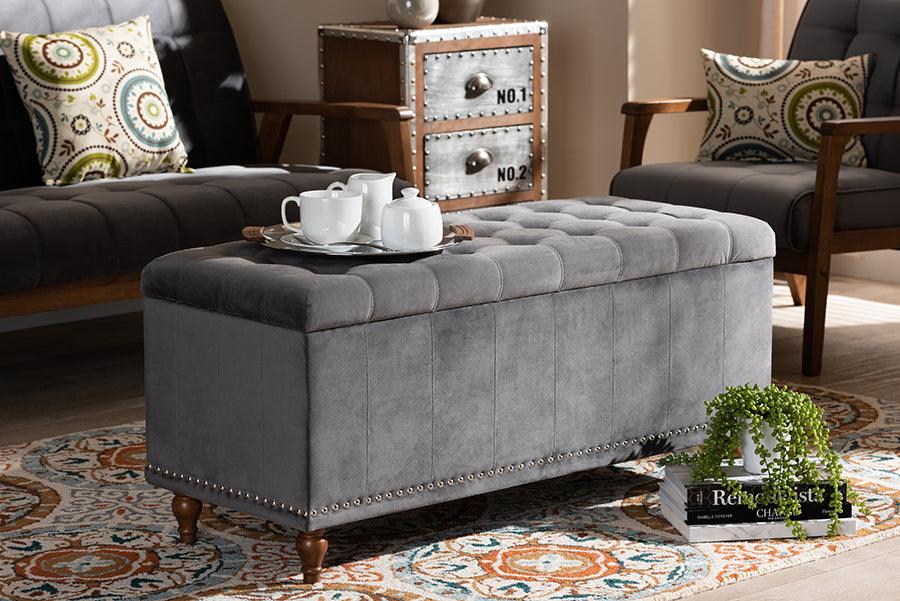 Wholesale Interiors Ottomans & Stools - Kaylee Modern and Contemporary Grey Velvet Button-Tufted Storage Ottoman Bench