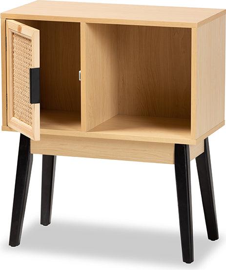 Wholesale Interiors Consoles - Dacre Oak Brown and Black Finished Wood 1-Door Console Table with Natural Rattan
