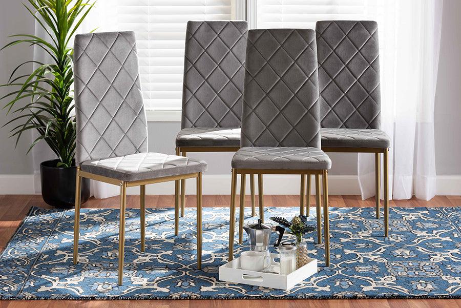 Wholesale Interiors Dining Chairs - Blaise Grey Velvet Fabric Upholstered and Gold Finished Metal 4-Piece Dining Chair Set