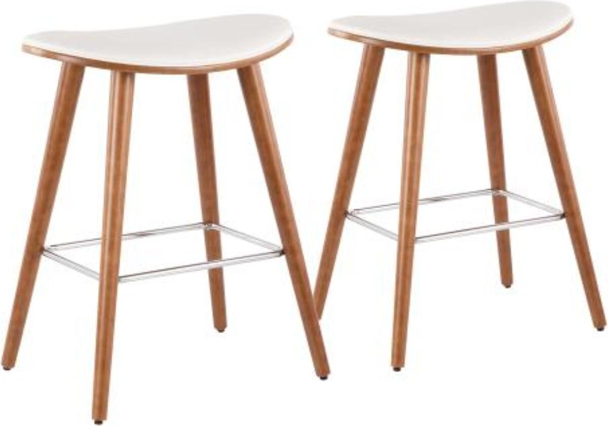 Lumisource Barstools - Saddle 26" Mid-Century Modern Counter Stool in Walnut & White Faux Leather - Set of 2