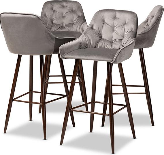 Wholesale Interiors Barstools - Catherine Modern and Grey Velvet Fabric Upholstered and Walnut Finished 4-Piece Bar Stool Set