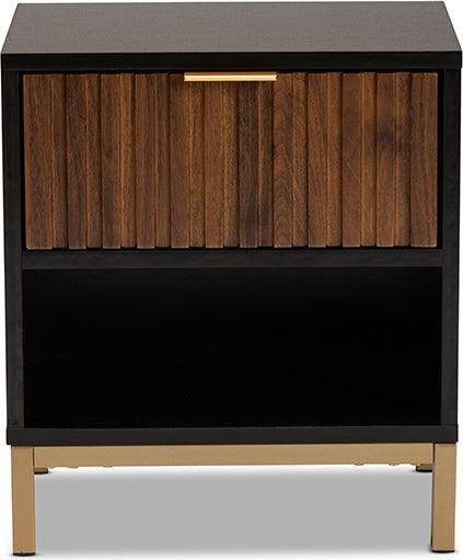 Wholesale Interiors Nightstands & Side Tables - Uriel Two-Tone Natural Brown and Black Finished Wood and Brushed Gold Metal 1-Drawer Nightstand