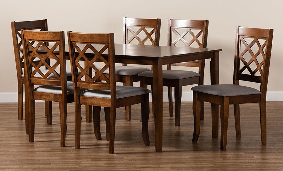Wholesale Interiors Dining Sets - Verner Grey Fabric Upholstered and Walnut Brown Finished Wood 7-Piece Dining Set