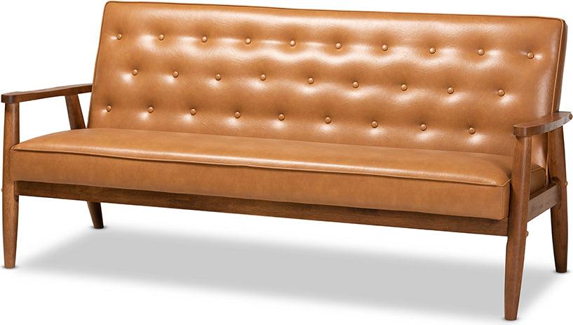 Wholesale Interiors Sofas & Couches - Sorrento Tan Faux Leather Upholstered and Walnut Brown Finished Wood Sofa