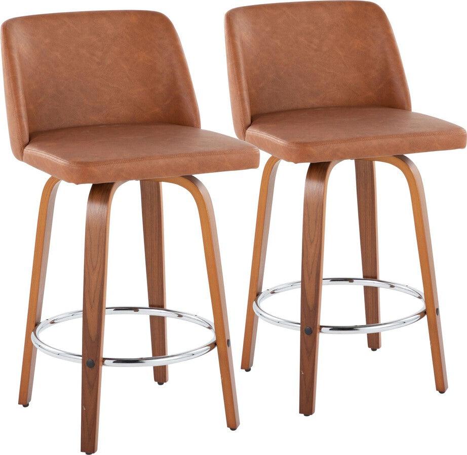 Lumisource Barstools - Toriano 26" Fixed Height Counter Stool With Swivel In Walnut Wood Camel Faux Leather Set 2