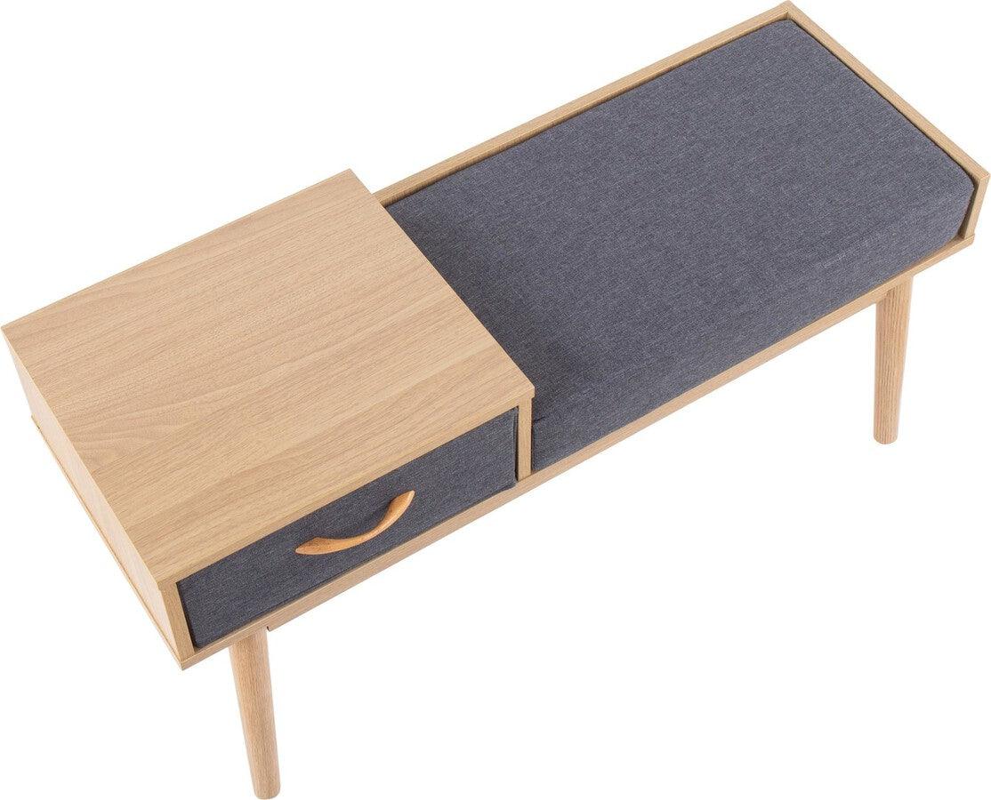 Lumisource Benches - Telephone Contemporary Bench in Natural Wood and Grey Fabric with Pull-Out Drawer