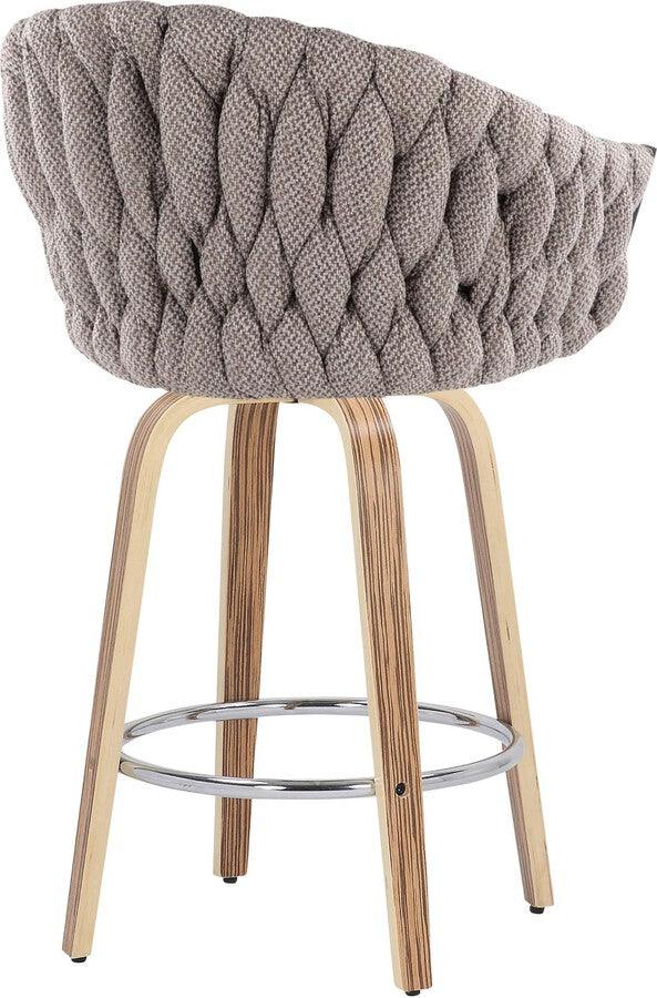 Lumisource Barstools - Braided Matisse Counter Stool With Zebra Wood Legs & Round Chrome Footrest With Grey (Set of 2)