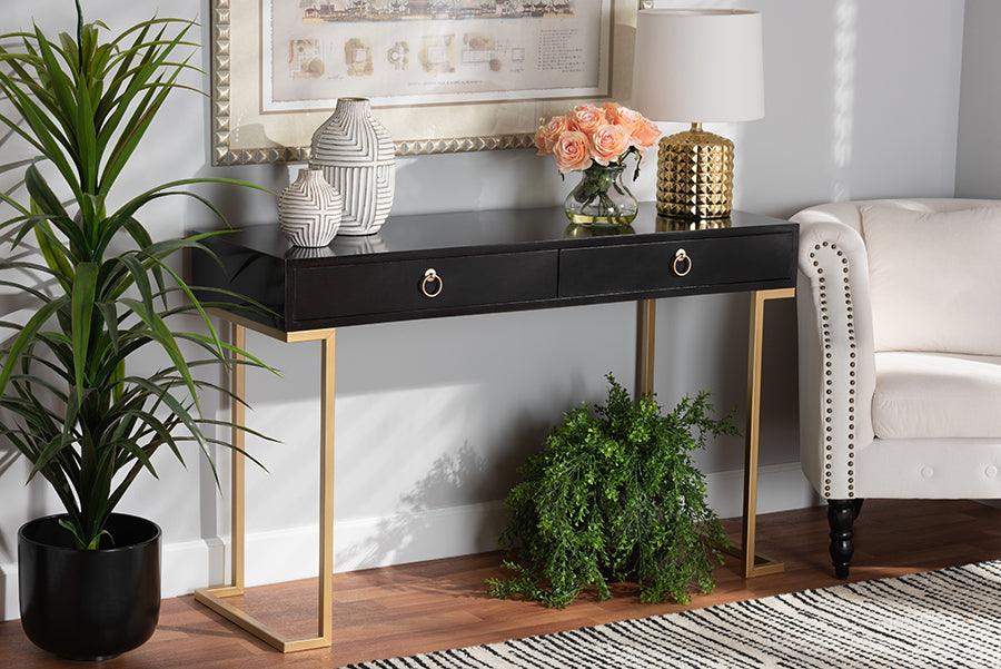 Wholesale Interiors Consoles - Beagan Modern and Contemporary Black Finished Wood and Gold Metal 2-Drawer Console Table