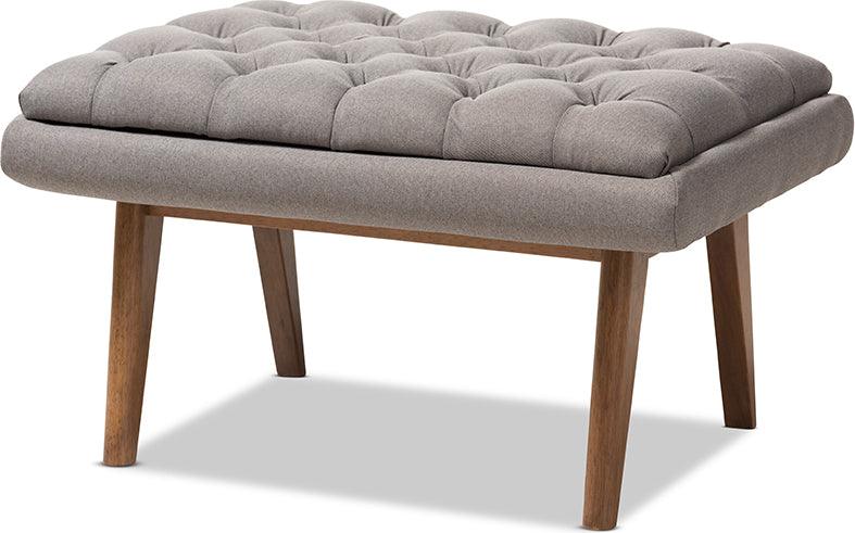 Wholesale Interiors Ottomans & Stools - Annetha Mid-Century Modern Grey Fabric Upholstered Walnut Finished Wood Ottoman