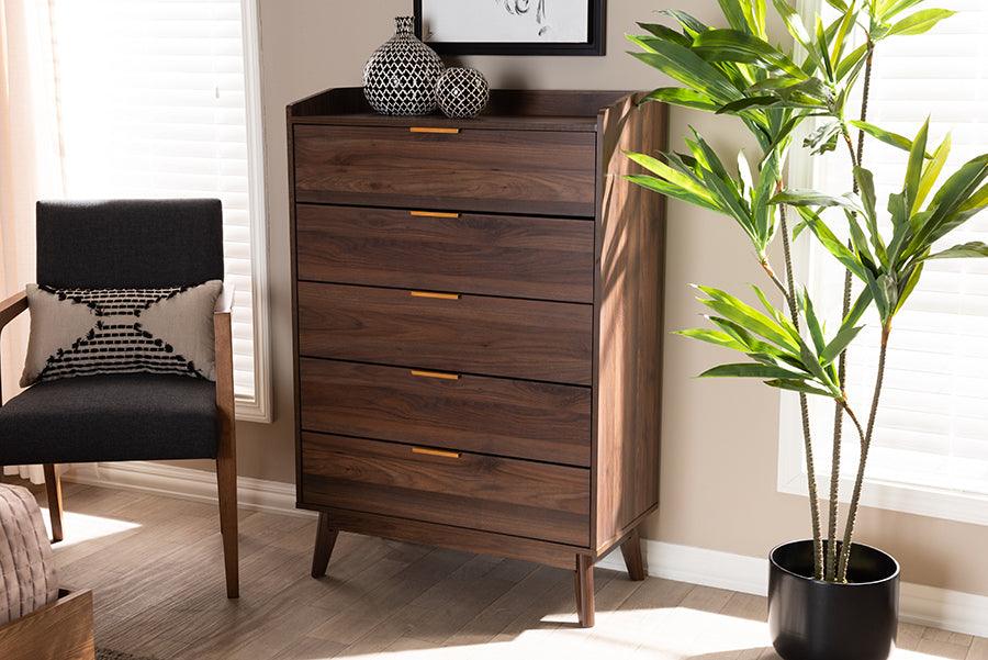 Wholesale Interiors Chest of Drawers - Lena Mid-Century Modern Walnut Brown Finished 5-Drawer Wood Chest