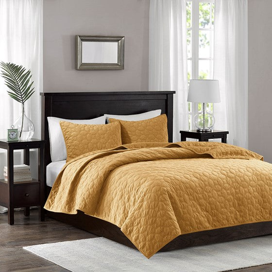 Olliix.com Coverlet - 3 Piece Velvet Quilt Set Mustard Full/Queen