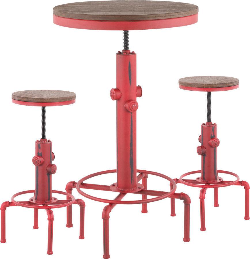 Lumisource Dining Sets - Hydra Industrial Bar Set in Vintage Red Metal and Brown Wood-Pressed Grain Bamboo
