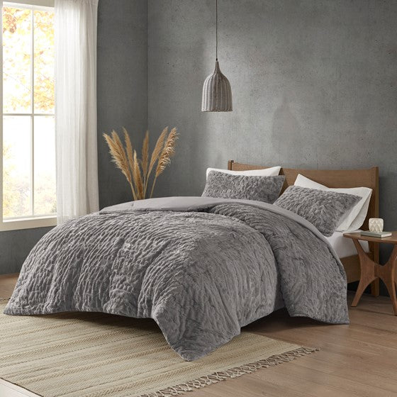 Olliix.com Comforters & Blankets - Ruched Fur Down Alternative Comforter Set Grey Full/Queen