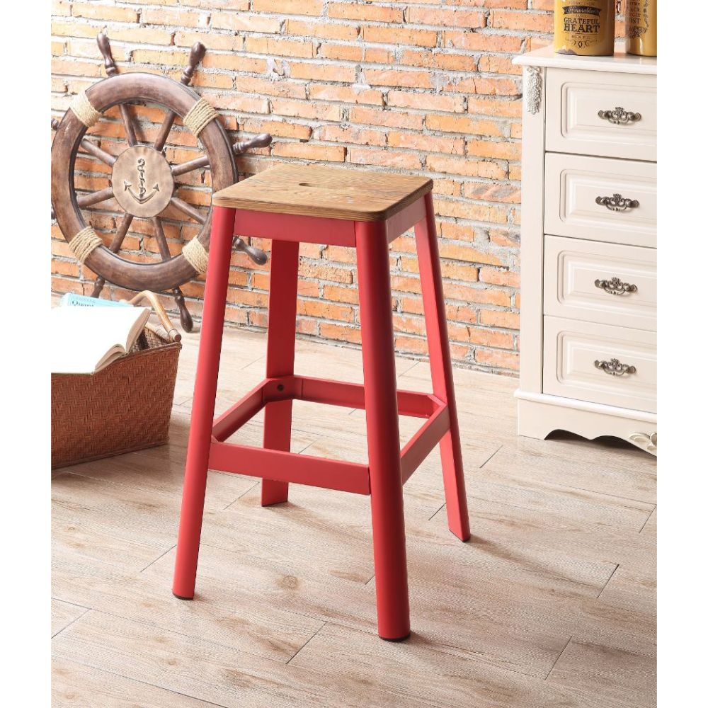 ACME Ottomans & Stools - ACME Jacotte Bar Stool (1Pc), Natural & Red, 30" Seat Height